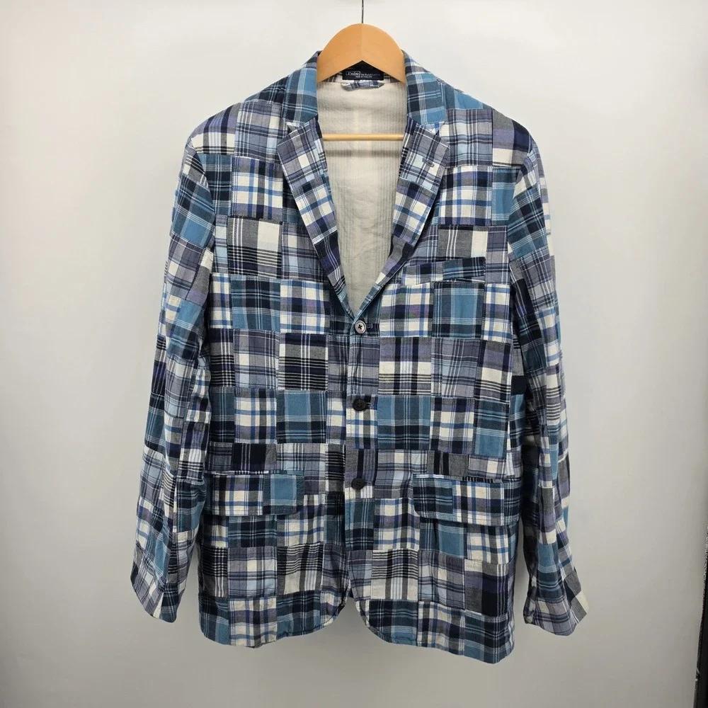 Polo Ralph Lauren Mens Blue Patchwork Madras Plaid Blazer Sport Coat Large NWT